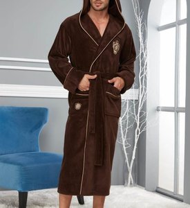 Чоловічий велюровий халат з капюшоном на поясі Nusa NS 2975 kahve довгий L/XL