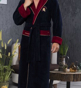 Чоловічий велюровий халат бамбуковий з капюшоном на поясі Nusa NS 2865 синий довгий 3XL