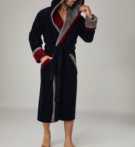Велюровый халат с капюшоном на поясе Nusa NS 1200 lacivert/kirmizi длинный L/XL