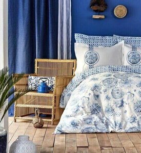 Постельное белье летнее (пике) Karaca Home Felinda mavi 2019-2 голубой - евро: хлопок, ранфорс