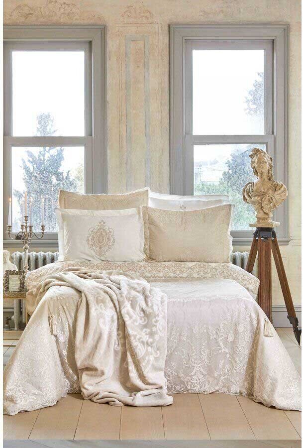 Набор постельного белья с покрывалом + плед Karaca Home Desire bej 2020-1 фото