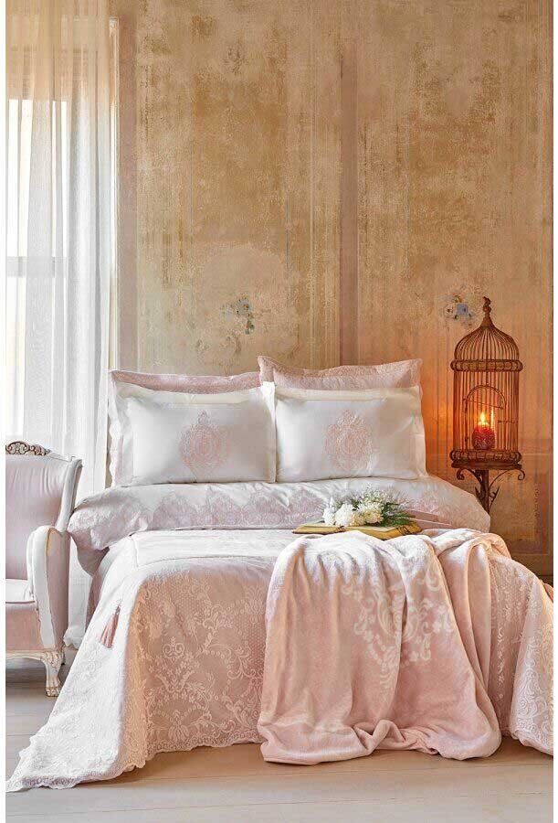 Набор постельного белья с покрывалом + плед Karaca Home Desire pudra 2020-1 фото