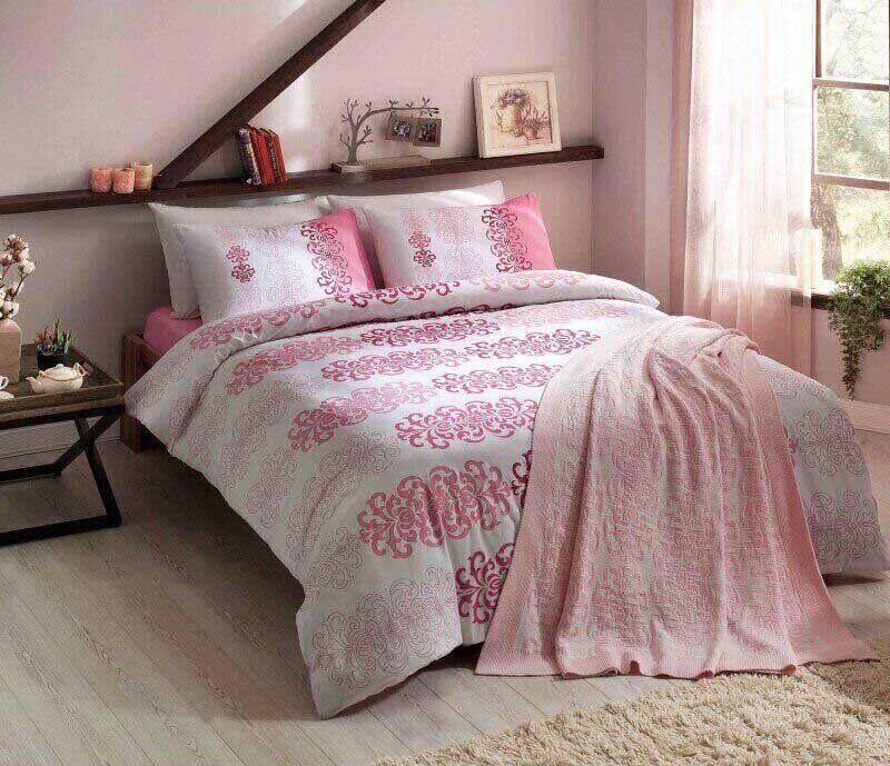 Набор постельного белья с вязанным пледом Tac Triko Despina pembe v2 розовый фото