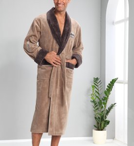 Мужской велюровый халат бамбуковый на поясе Nusa ns 2990 бежевый длиный L/XL