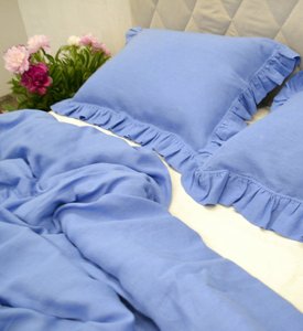 Льняное постельное белье Beik-Morandi French Vintage Blue с оборками на наволочках, Двуспальный Евро