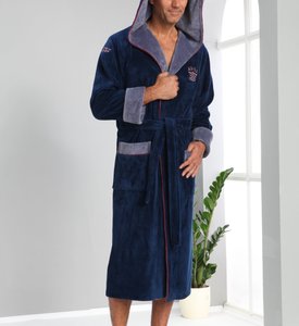 Мужской велюровый халат бамбуковый с капюшоном на поясе Nusa ns 2995 синий длиный L/XL