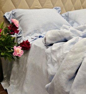 Льняное постельное белье Beik-Morandi French Vintage Light Blue с оборками на наволочках, Двуспальный Евро