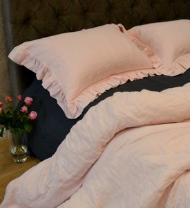 Лляна постільна білизна Beik-Morandi French Vintage Pink з оборками на наволочках - євро