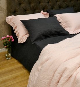 Льняное постельное белье Beik-Morandi French Vintage Pink-Gray с оборками на наволочках, Двуспальный Евро