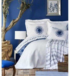 Набор постельного белья с покрывалом и пике Karaca Home Belina mavi 2019-2 голубой - евро: хлопок