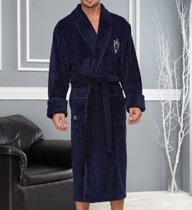 Мужской велюровый халат бамбуковый на поясе Nusa NS 2960 синий длиный L/XL